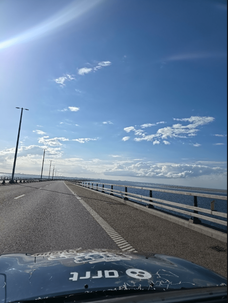 Bonnet view crossing the Øresund Bridge.
